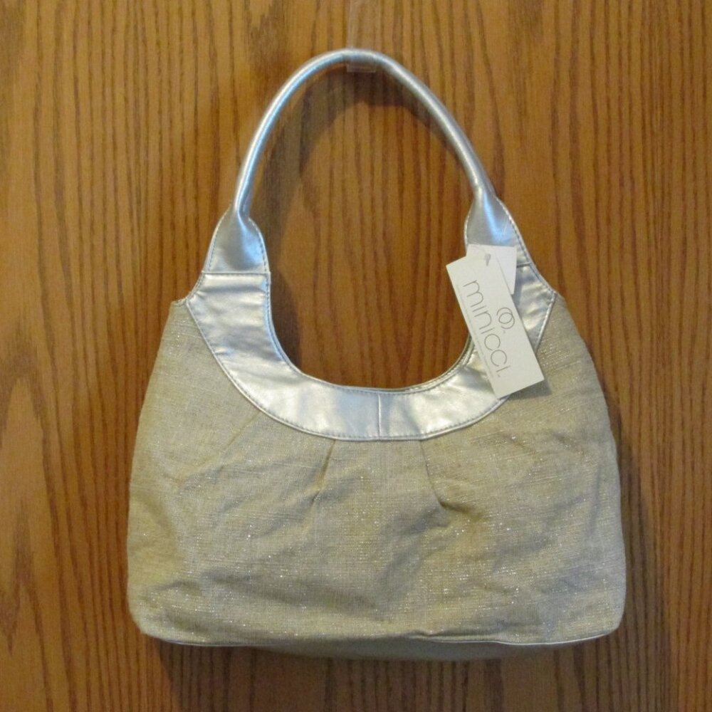 MINICCI WOMENS JUNIORS HAND BAG MEDIUM SIZE TAN, SILVER HOBO PURSE SHOULDER NWT